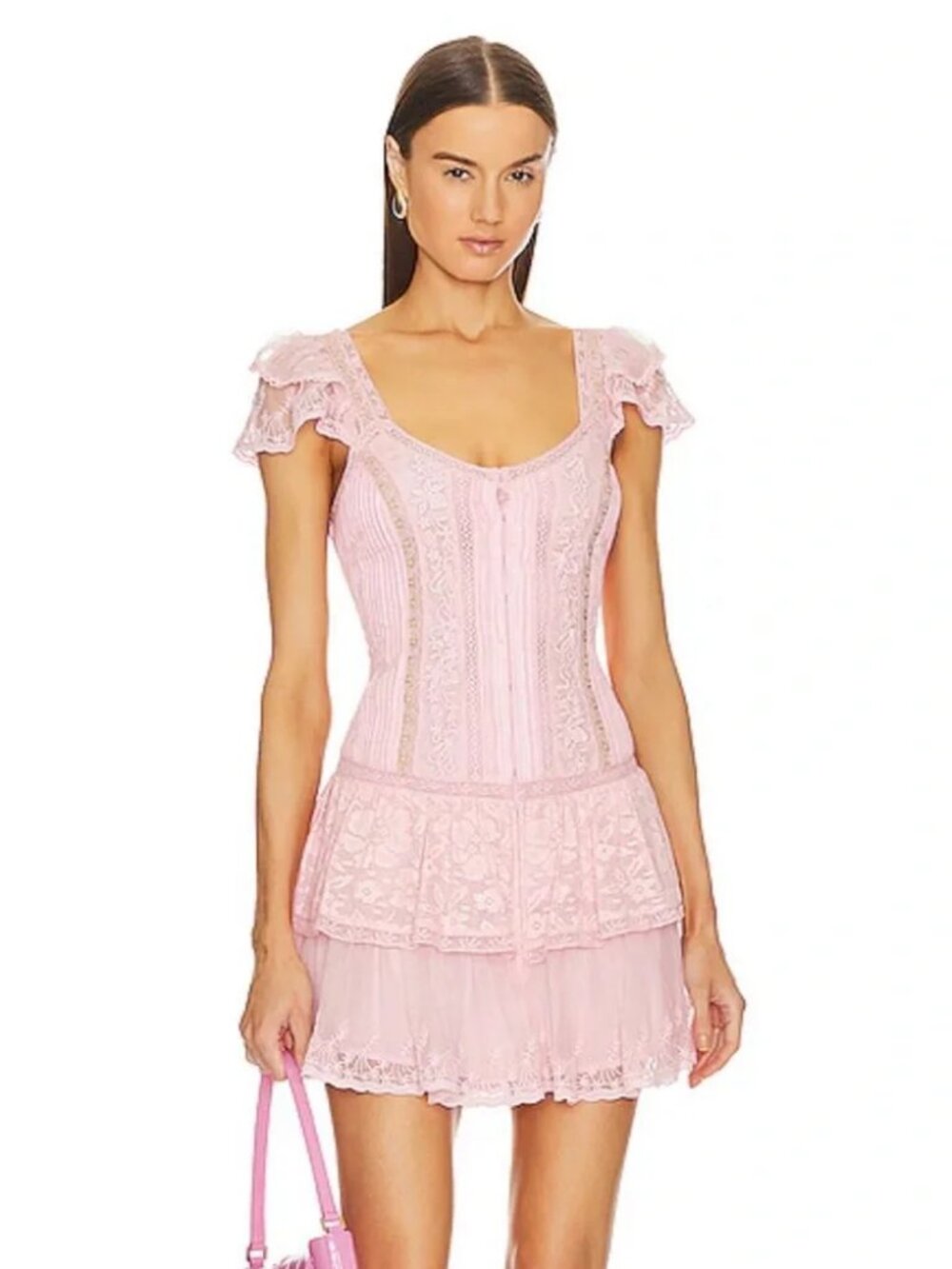 Womens LoveShackFancy Rowley Pink (Item-3) Embroidered Lace Smock Mini Dress XS